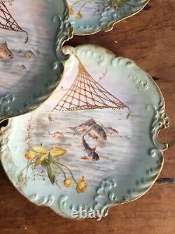 Antique Set Of Five Hand Painted Limoges Fish Plates Well Marked Artist Signed