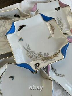 Antique Set of 6 Handpainted Haviland Limoges Butterflies Handkerchief Plates