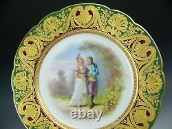Antique Sevres France Hand Painted Couples Plate With Raised Gold Green