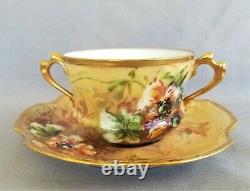 Antique Signed French Limoges Coiffe Bouillon Cup & Saucer Hand Painted France