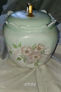 Antique TRESSEMANN & VOGT LIMOGES Hand Painted Green & Pink Ceramic Biscuit Jar