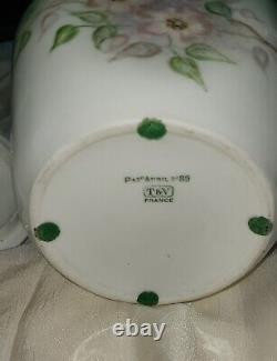 Antique TRESSEMANN & VOGT LIMOGES Hand Painted Green & Pink Ceramic Biscuit Jar
