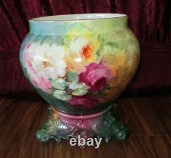 Antique T&V LIMOGES France Pink Dark Ruby White Yellow Roses JARDINIERE & PLINTH