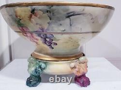 Antique T & V Limoge Handpainted Grapes Gold Trim Punch Bowl w Claw Pedestal