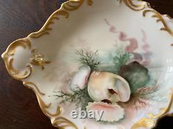 Antique T&V Limoges Divided Oyster Seafood Dish Sea Shells with gilded edge