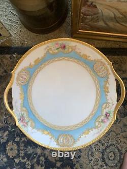 Antique T &V Limoges France Cabinet Cake Plate 10.5 Gilt Roses Blue Signed 1905