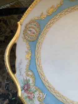 Antique T &V Limoges France Cabinet Cake Plate 10.5 Gilt Roses Blue Signed 1905