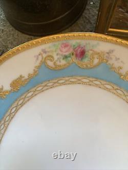 Antique T &V Limoges France Cabinet Cake Plate 10.5 Gilt Roses Blue Signed 1905