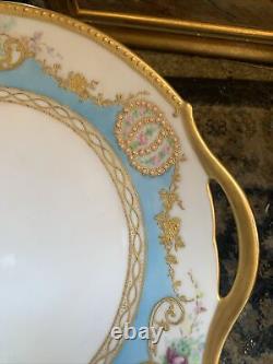 Antique T &V Limoges France Cabinet Cake Plate 10.5 Gilt Roses Blue Signed 1905