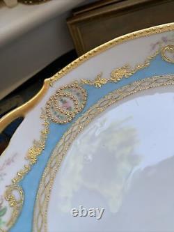 Antique T &V Limoges France Cabinet Cake Plate 10.5 Gilt Roses Blue Signed 1905