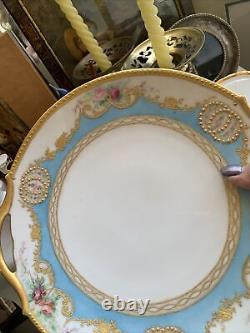 Antique T &V Limoges France Cabinet Cake Plate 10.5 Gilt Roses Blue Signed 1905