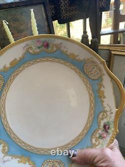 Antique T &V Limoges France Cabinet Cake Plate 10.5 Gilt Roses Blue Signed 1905