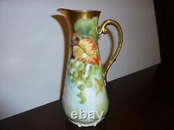 Antique T&V Limoges France hand painted gold accented signed 10.5 pitcher ewer