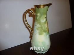 Antique T&V Limoges France hand painted gold accented signed 10.5 pitcher ewer