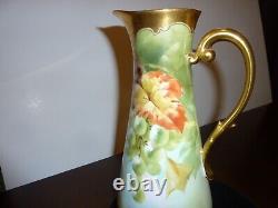 Antique T&V Limoges France hand painted gold accented signed 10.5 pitcher ewer