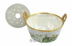 Antique T&V Limoges Hand Painted Butter Tub with Iridescent Interior, Dated 1913