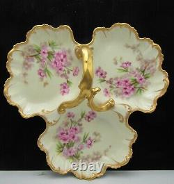 Antique T&V Limoges Hand Painted Cherry Blossom 3 Section Handled Porcelain Dish