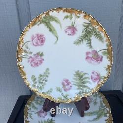Antique T&V Limoges Hand Painted Pink Roses And Gilt Cabinet Plates 8 7/8'