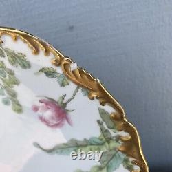 Antique T&V Limoges Hand Painted Pink Roses And Gilt Cabinet Plates 8 7/8'