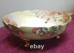 Antique T&V Limoges Handpainted 3 footed bowl with berries and flowers
