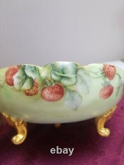 Antique T&V Limoges Handpainted 3 footed bowl with berries and flowers