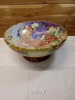 Antique T&V Limoges Large Punch Bowl Hand Painted Grapes 14 W France