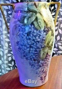Antique T&V Limoges Vase Two Handle Handpainted Purple Lilac Flowers 1907-1919