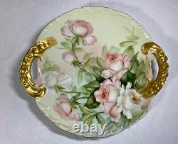 Antique T & V Limoges Venice 1896 Signed Hand Painted Roses Handled Plate
