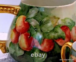 Antique T. V. Limoges hand painted Water Cider Pitcher with3 cups, Apples, STUNNING