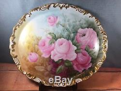 Antique Tressemann & Vogt (T&V) 16 X 14 Hand Painted Platter Pink Roses (14)