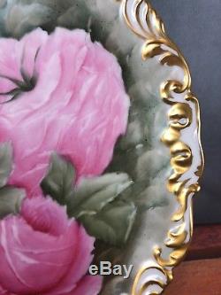 Antique Tressemann & Vogt (T&V) 16 X 14 Hand Painted Platter Pink Roses (14)