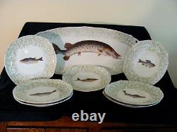 Antique Tressemann & Vogt T&V Handpainted Fish Platter & Plates Limoges France