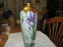 Antique Unsigned Limoges Art Nouveau Hand Painted Iris Large Vase Gold Accents