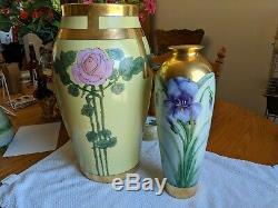 Antique Unsigned Limoges Art Nouveau Hand Painted Iris Large Vase Gold Accents