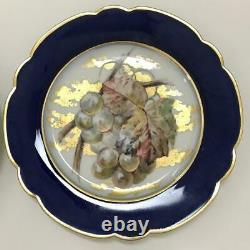 Antique Victorian Limoges Set 4 Cobalt Gilt Hand Painted Fruit Porcelain Plates