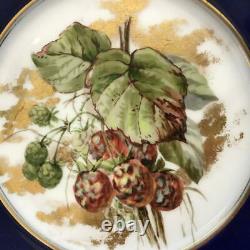 Antique Victorian Limoges Set 4 Cobalt Gilt Hand Painted Fruit Porcelain Plates