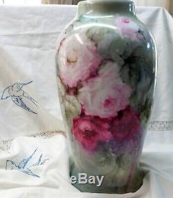 Antique Vintage Hand Painted Limoges Roses on HUGE Bavaria Rosenthal Vase
