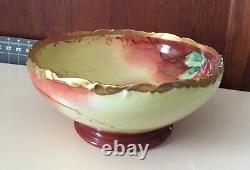 Antique Vintage Large 10 Limoges Serving Punch Bowl Cherry Gold Hand Painted
