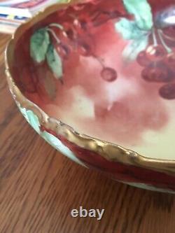 Antique Vintage Large 10 Limoges Serving Punch Bowl Cherry Gold Hand Painted