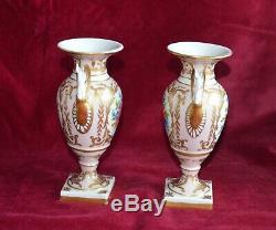 Antique Vintage Limoges Porcelain Twin Handled Pedestal Urn Vases Hand Painted