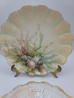 Antique Vintage MR France Limonges Sea Shell Plates Hand Painted Signed Set of 8