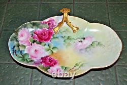 Antique W GUERIN LIMOGES Hand Painted Gold Red ROSES 10 1/2 Tray w Split Handle