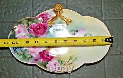 Antique W GUERIN LIMOGES Hand Painted Gold Red ROSES 10 1/2 Tray w Split Handle