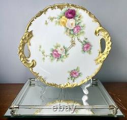 Antique c1896 T&V Limoges France Hand Painted Cake Plate Roses Heavy Gilt 11.25