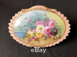 Antique (ca. 1880s) Limoges Hand Painted Roses by a Lake Signed 13&1/2 Plaque