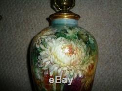 Antique hand painted French limoge porcelain vase table lamp base mums leaves mu