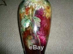 Antique hand painted French limoge porcelain vase table lamp base mums leaves mu