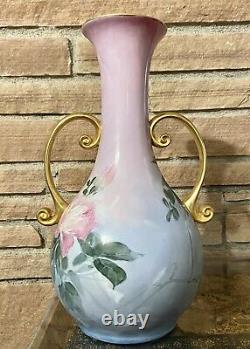 Antique handpainted Limoges styl Vase roses gold handl vtg Alzora Signed 90s 14