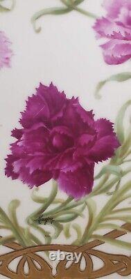 Art Nouveau T&V Limoges Hand Painted Artist Signed Charger Pink Carnations Gilt