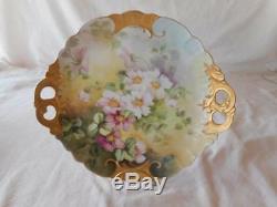 Artist Signed St Clair Hand Painted Limoges Pink Flower Gold Trim Cabinet Plate